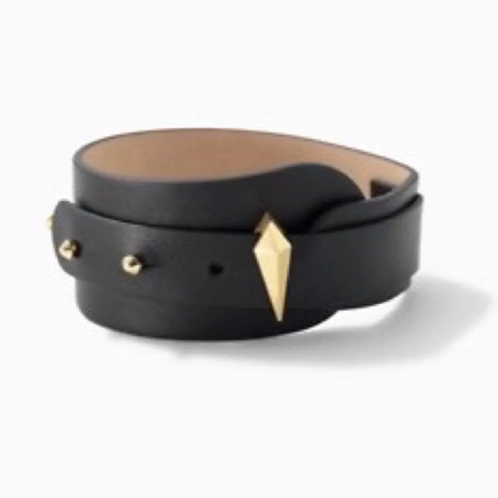 Stella & Dot | Elegantly Edgy Black Leather + Gold Deanna Cuff Bracelet - Picture 3 of 8